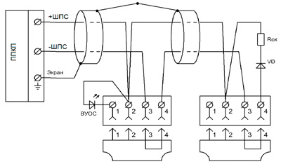 Рис.2. Схема подключения извещателей СПД-3 к ППКП со знакопеременным питанием ШПС