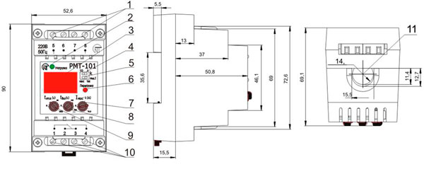Рис.1.Органы управления, габаритные и установочные размеры РМТ-101